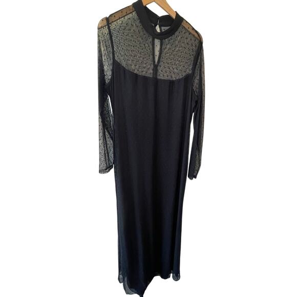 Marina Whimsy Goth Black Mesh Polka Dot Long Sleeve Moc Neck Maxi Dress Size 16 - Picture 1 of 13